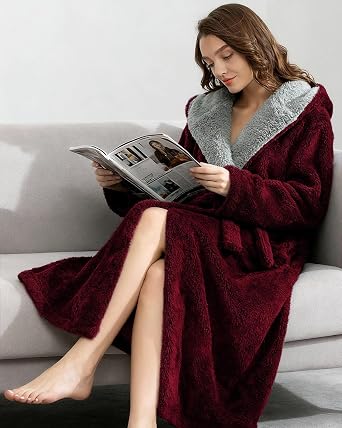 Womens Long Dressing Gown: Fluffy Luxury Ladies Robe with Belt & Pockets Winter Housecoat Nightwear- Thick Soft Bathrobe Loungewear Christmas Birthday Gift for Wife, Mum or Maternity