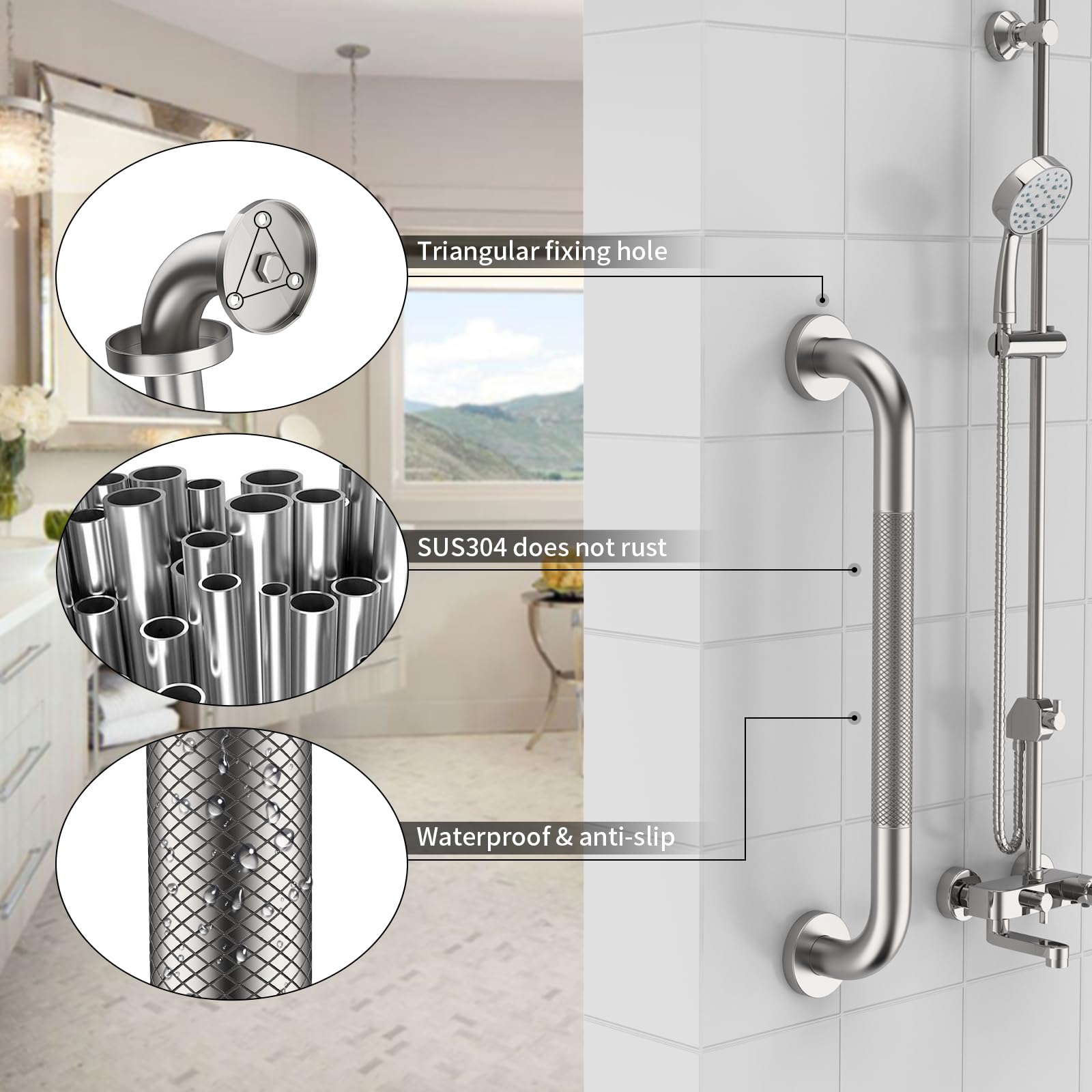 Munzong - Paquete de 3 barras de agarre para discapacitados, barra de baño de níquel cepillado de 16, 24 y 32 pulgadas para ducha, barra de equilibrio de acero inoxidable comercial antideslizante de