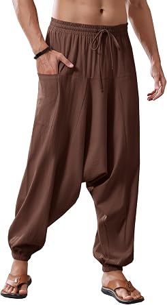 Runcati Mens Harem Pants Baggy Hippie Cotton Linen Yoga Beach Trouser