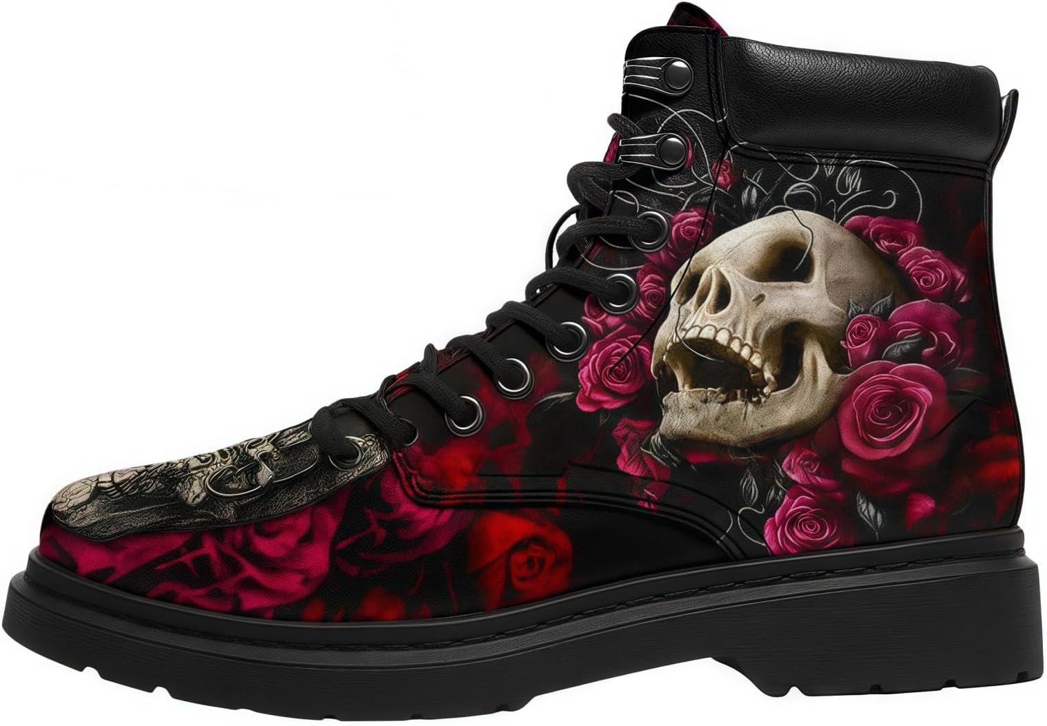 – Women's Printed Combat Short Boots with Rose Skull Cartoon Pattern Fashion Lace-up Chunky Heel Platform Leather Ankle Boots Gifts for Girls Ladies Autumn and Winte Shoes