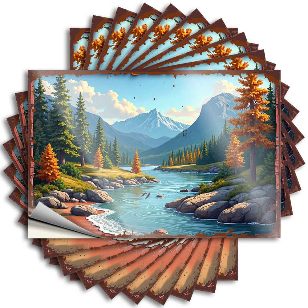 Fzfn Colour Funny Sticker Fall Easy Apply | Autumnal Serenity: A Mountain River Landscape Lover Wall Peel And Stick(12X18cm)