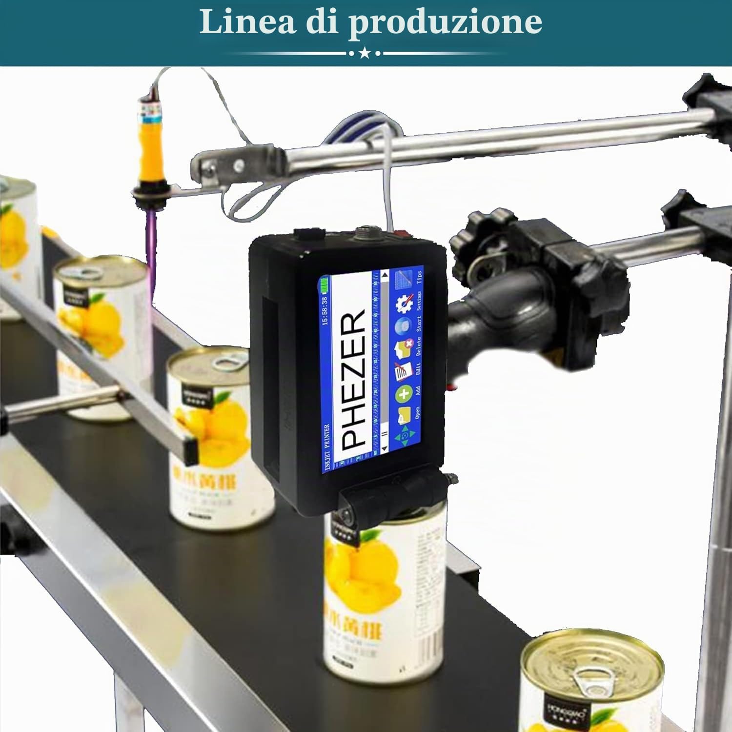 Phezer Stampante a getto d'inchiostro portatile P16 aggiornata per superficie piana con cartuccia d'inchiostro ad asciugatura rapida, macchina di codifica intelligente a 360° per data/ora/codice a