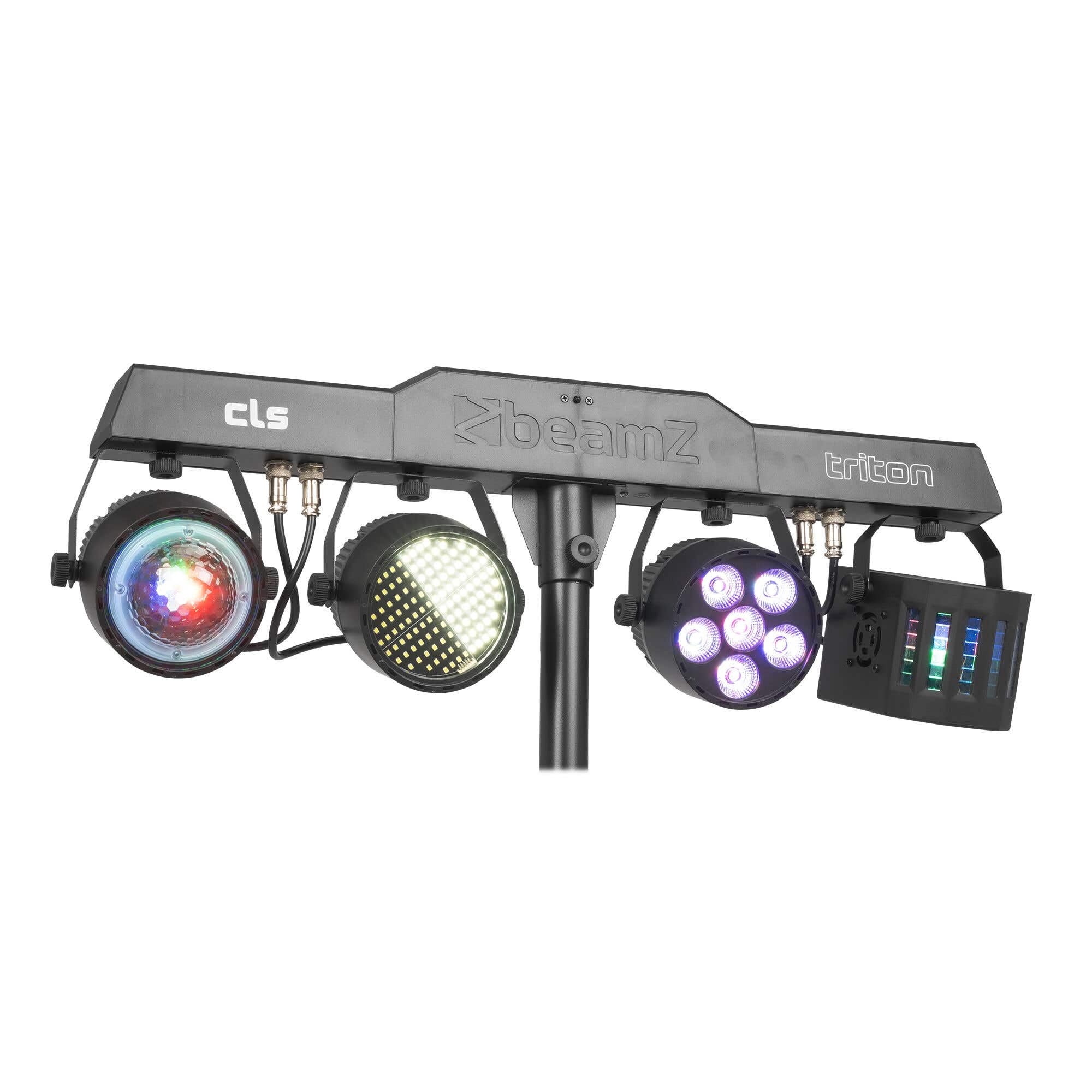 BeamZ CLS Triton Party Bar con par led rgbw, derby, luz estroboscopica y jelly moon, barra led dj con tripode, dmx 512, luces discoteca para casa, luces dj y luces escenario