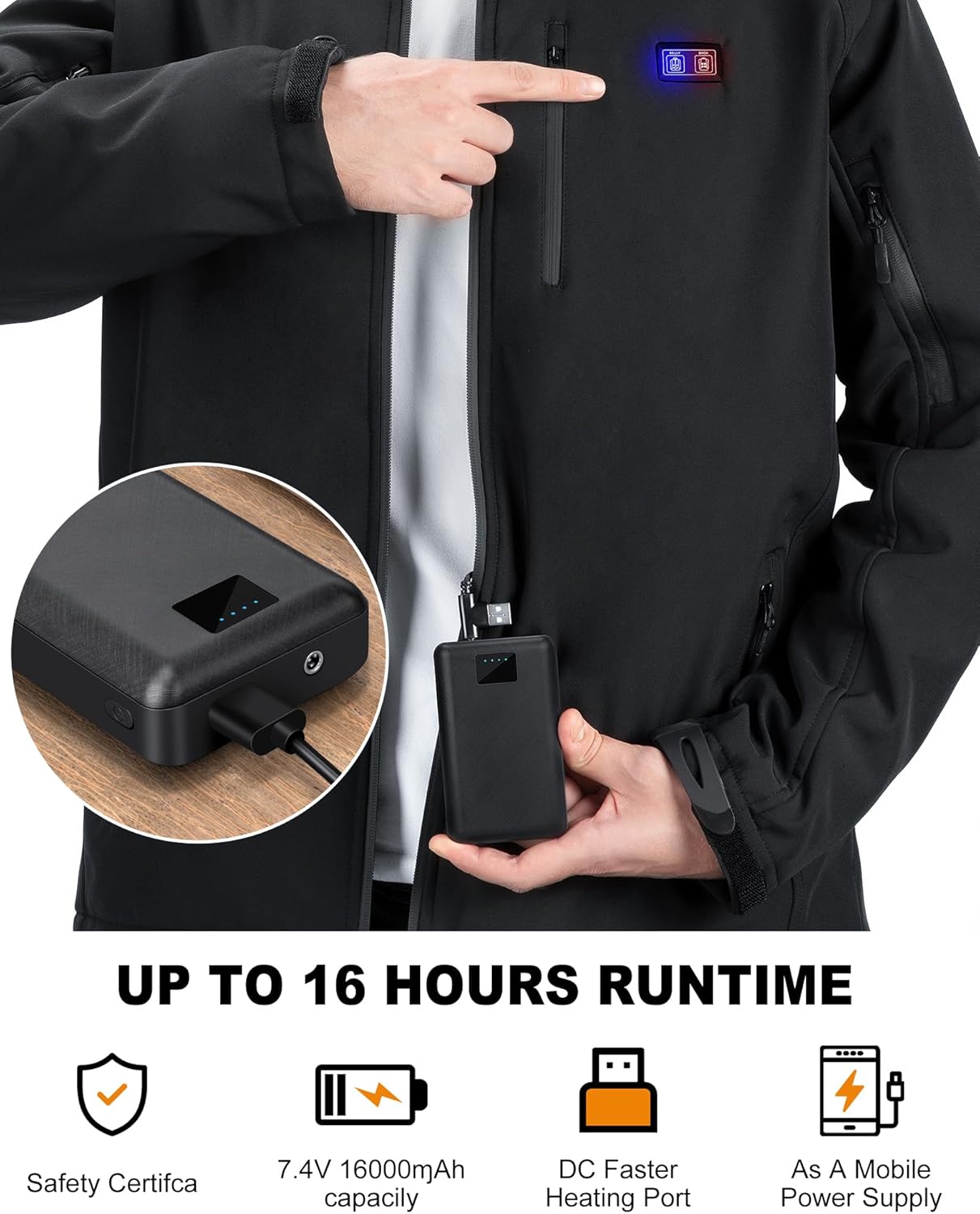 Heated Jacket for Men with 9 Heat Zones, Detachable Hood Mens Heated Jacket, Soft Shell Heating Coat for Winter - Image 5