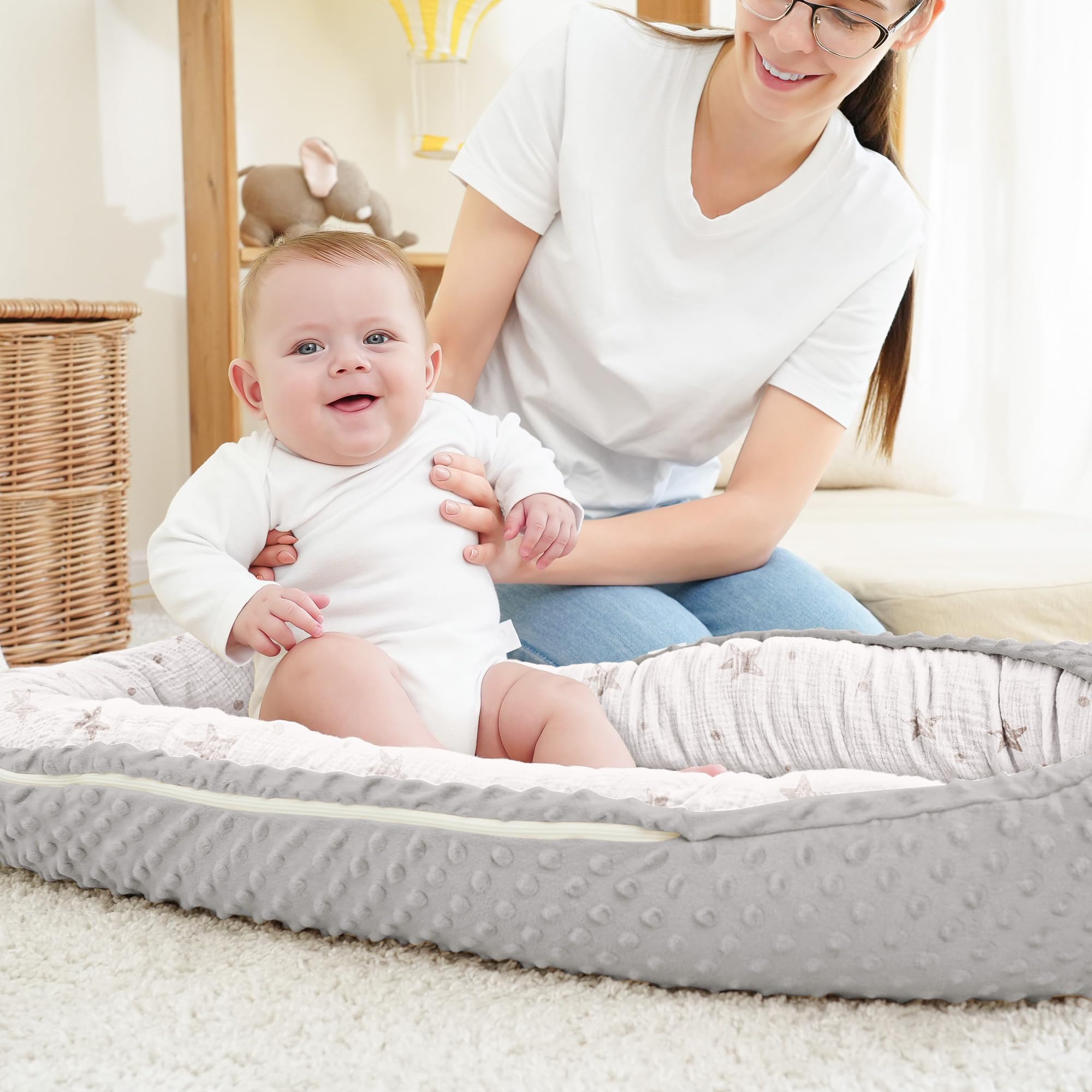 Bearmoss Baby Nido bebé recién Nacido 90x50 cm - Reductor Cuna Cuco de colecho Minky Winter cálido Capullo Ideal para moisés(Estrella Blanca)