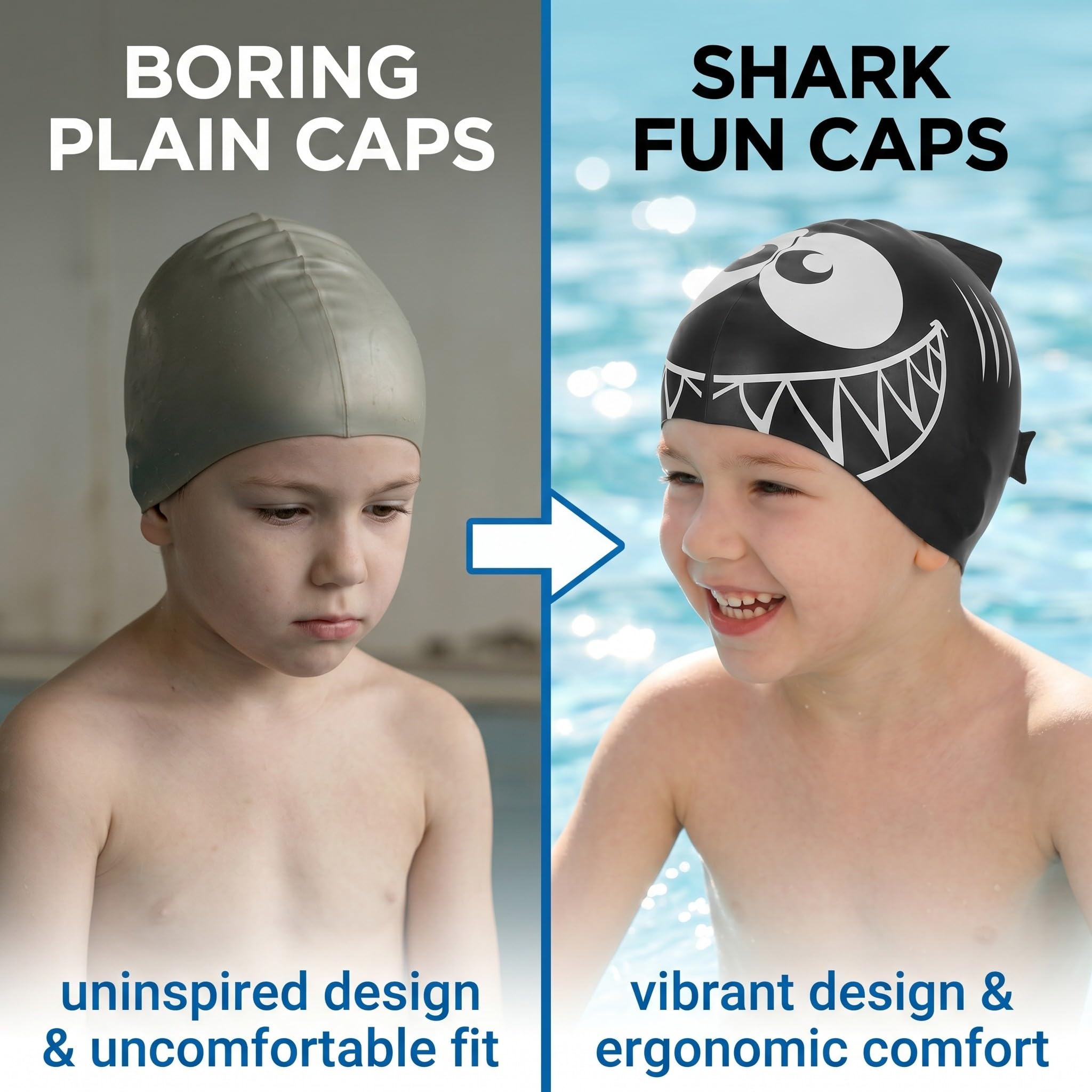 Set 2 cuffie nuoto squalo bambini, cuffia piscina nera e grigia con faccia squalo e pinna, accessori per lezioni nuoto allenamento vacanze al mare e giochi in acqua