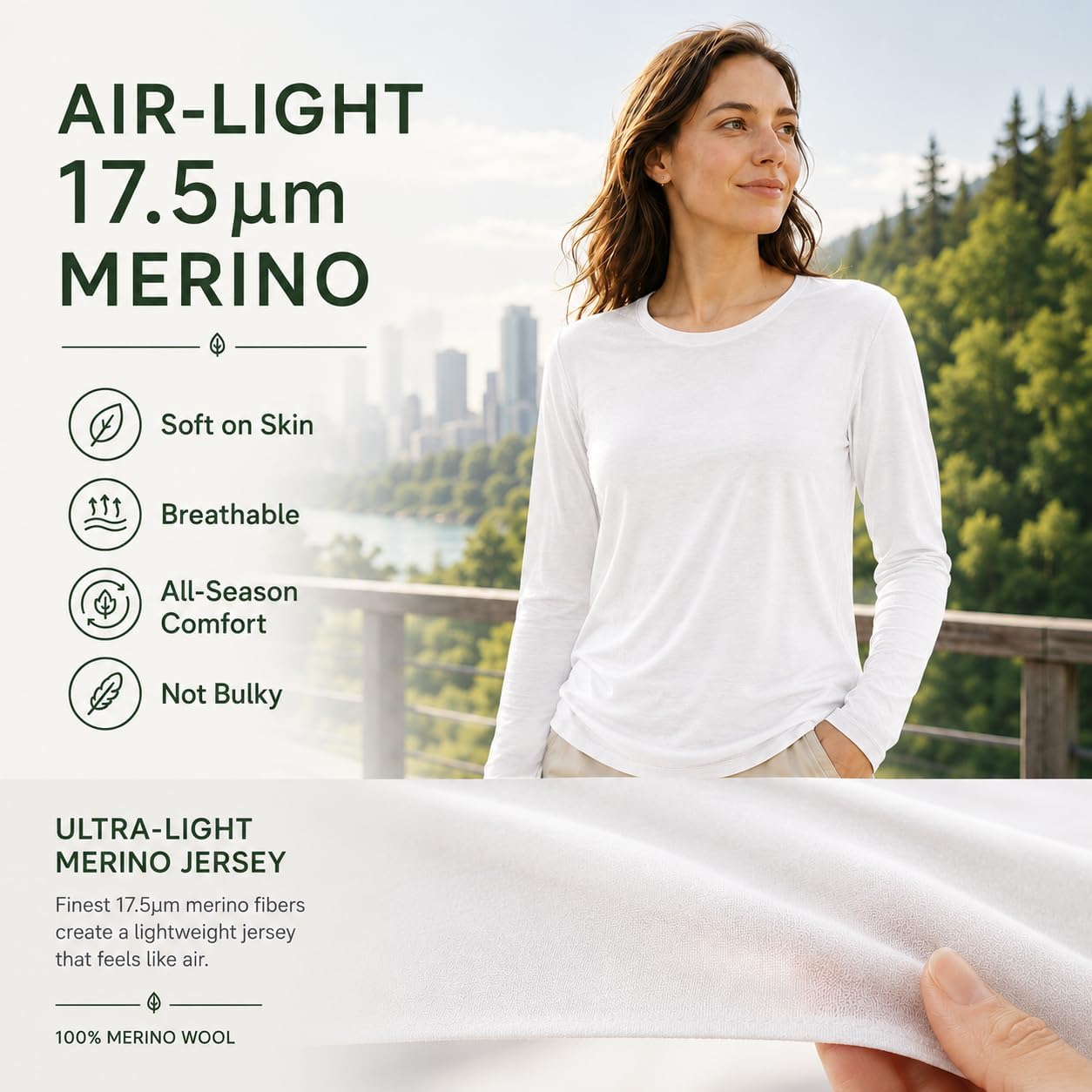 Women 100% Pure Merino Wool Long Sleeve Tops Crew Neck Slim Fit Ultra Soft Breathable Casual Basic Tee All Season Wear