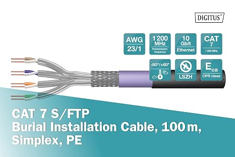 DIGITUS Outdoor Network Cable Cat-7-100m S-FTP Installation Cable - Simplex - Eca LSZH-1-1200 MHz - AWG 23/1 - Black