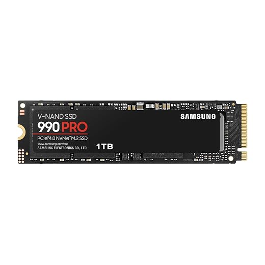 Samsung SSD 990 Pro NVMe M.2 Pcle 4.0, SSD Interne, Capacité 1 To, Vitesse de lecture jusqu'à 7 450 Mo/s, Gestion Intelligente de la Chaleur avec Revêtement en Nickel, MZ-V9P1T0BW