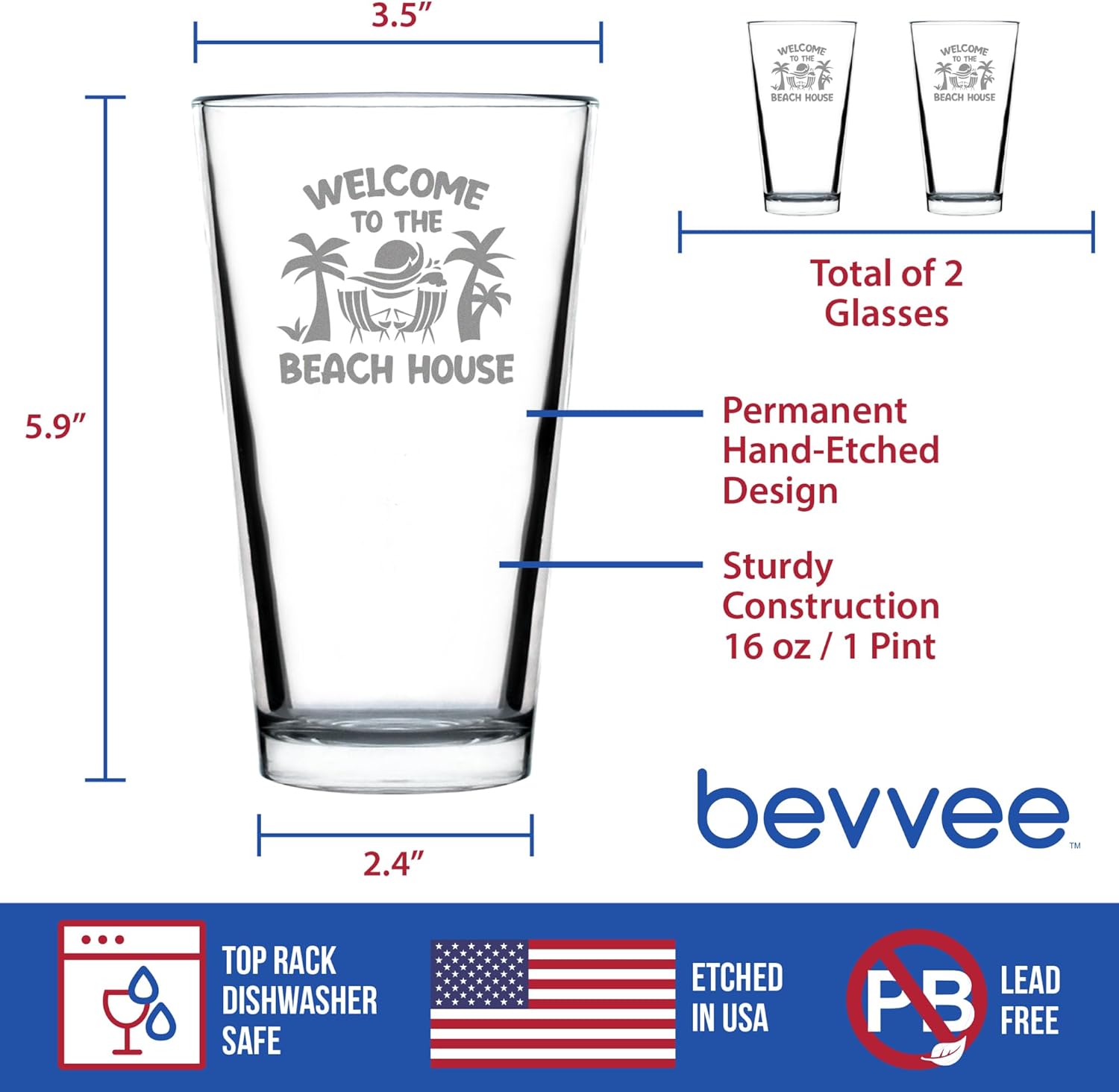 Bevvee Welcome To The Beach House - Pint Glass for Beer - Coastal Decor for Home - Set of 2-16 oz Glasses