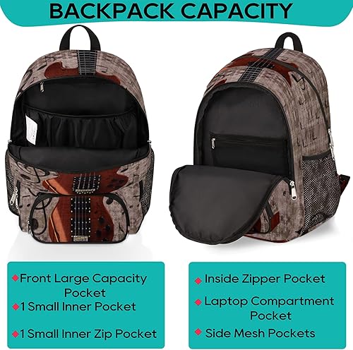 Miniatura 3 de Mochila escolar de guitarra con música vintage, mochila escolar para adolescentes, niñas, niños, mochila escolar para computadora de hombro,