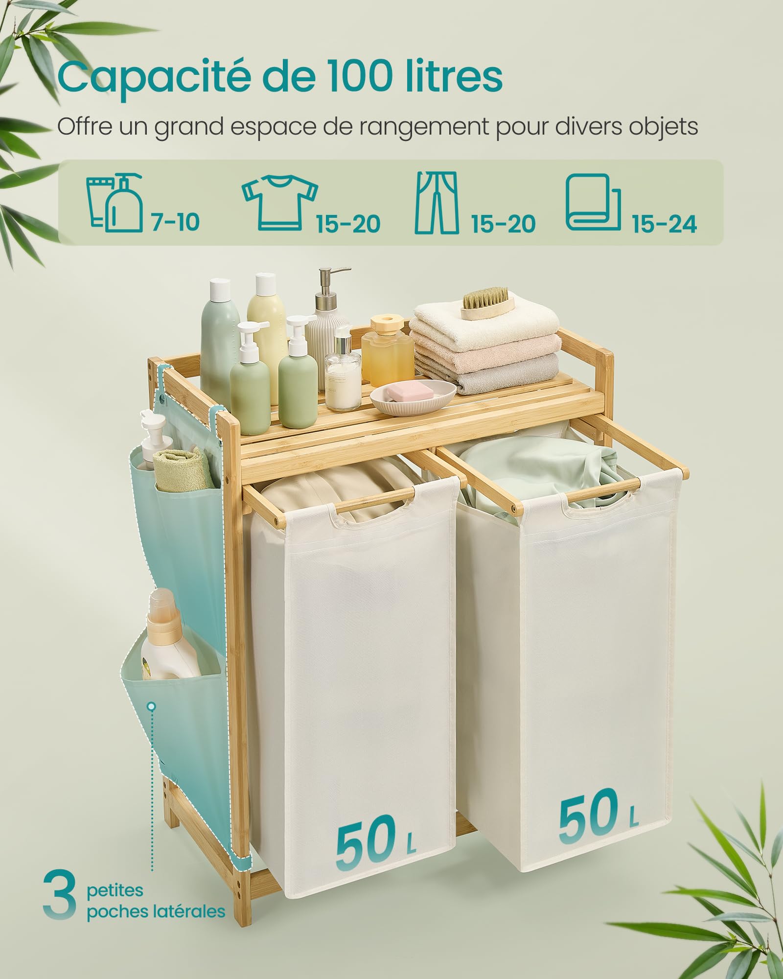 Panier à Linge En Bambou 2 Compartiments, 130 Litres, Sac Amovible Et Lavable En Machine