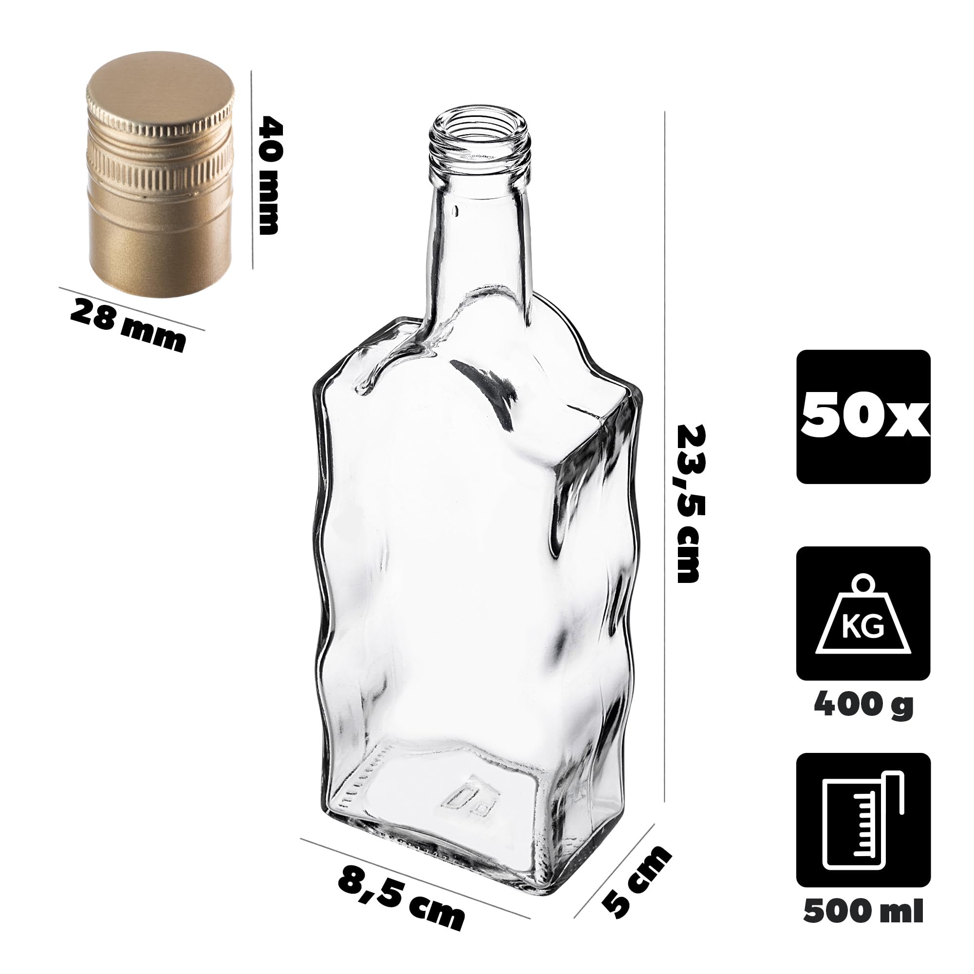 KADAX Set di 50 Bottiglie in Vetro 500ml con Tappo a Vite Oro, Lunghe – Bottiglie vuote da riempire per succhi, sciroppo, Olio e liquore, conservazione Alimentare