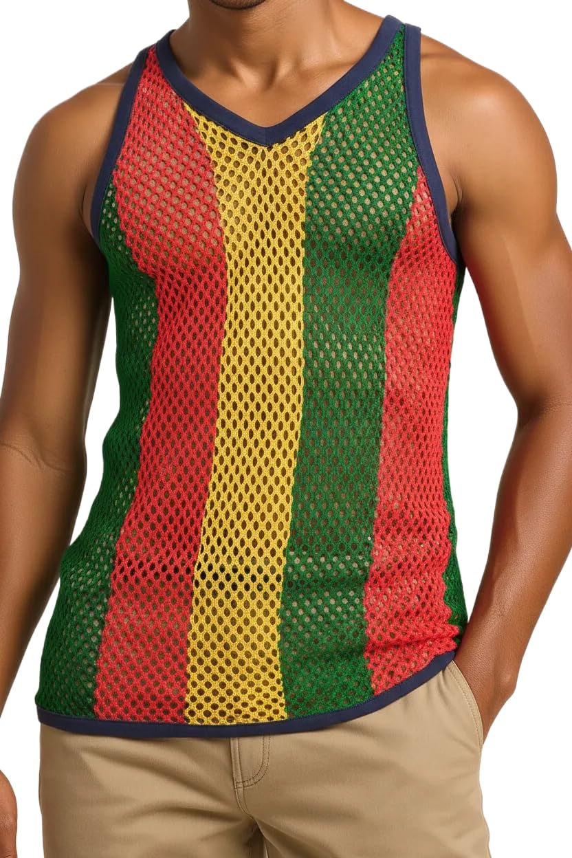 CRAZY LIZARD Rasta String Vest: 6 Stripe Mesh Marina, Reggae Clothing, Sleeveless Tank Top, Rastafarian Style, Perfect Jamaica Shirt for Men, Caribbean-Inspired Rasta Jamaican Man Costume