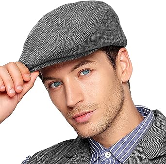Herringbone Flat Ivy Newsboy Cap for Men Classic Wool Blend Tweed Cabbie Hat