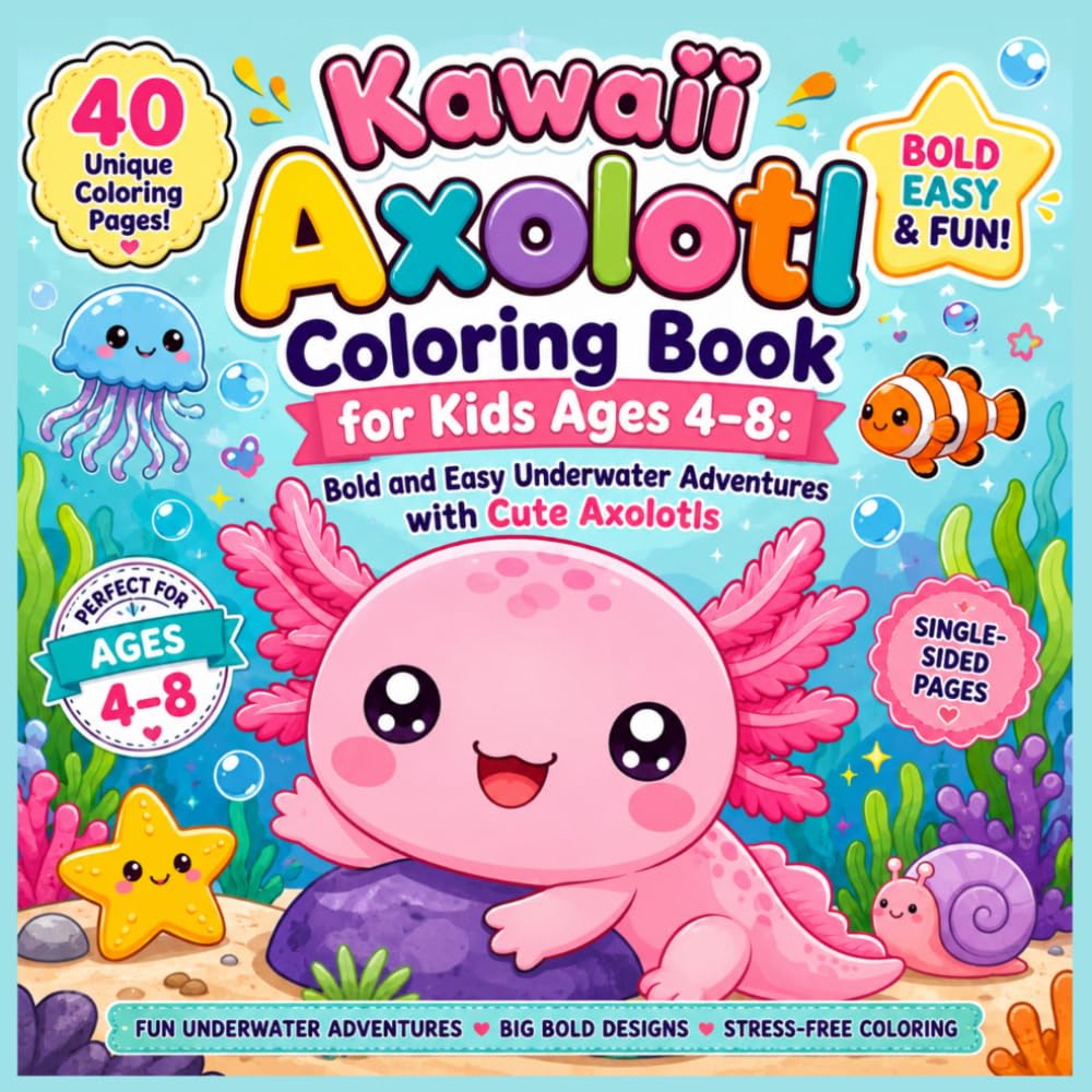 Kawaii Axolotl Coloring Book for Kids Ages 4–8: Bold and Easy Underwater Adventures with Cute Axolotls: Fun and Simple Coloring Pages for Boys and ... Designs, Stress-Free Coloring for Beginners