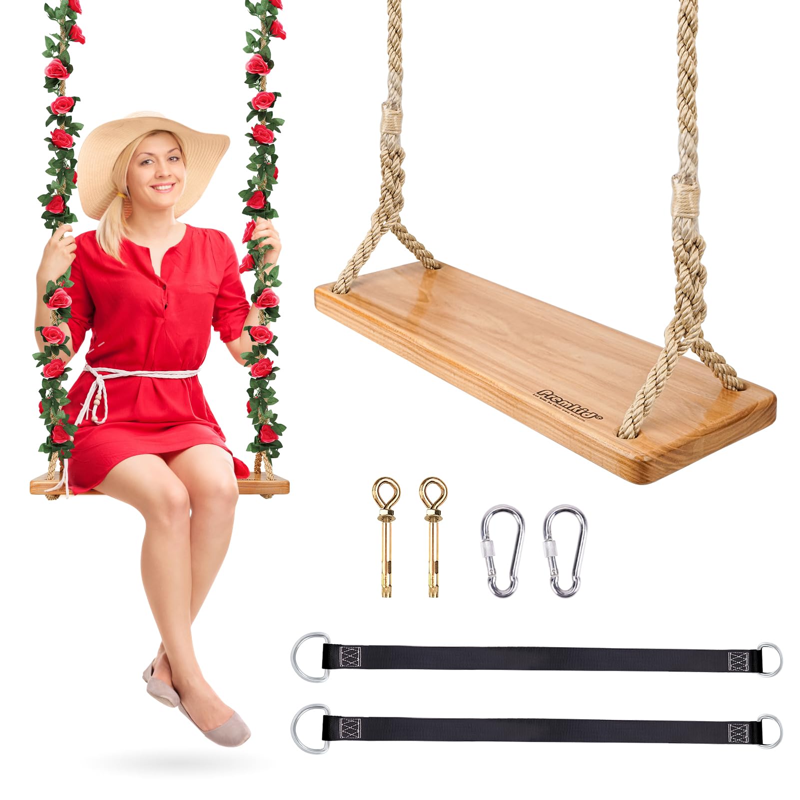 Hanging Wooden Swing, Swing Seat 24"x 8"x 1.2", Tree Swing for Adults Kids, Adjustable Thick Nylon Rope Plus Tree Straps 150 inch, Wood Swing with Rose Garland, Swing Set for Indoor & Outdoor