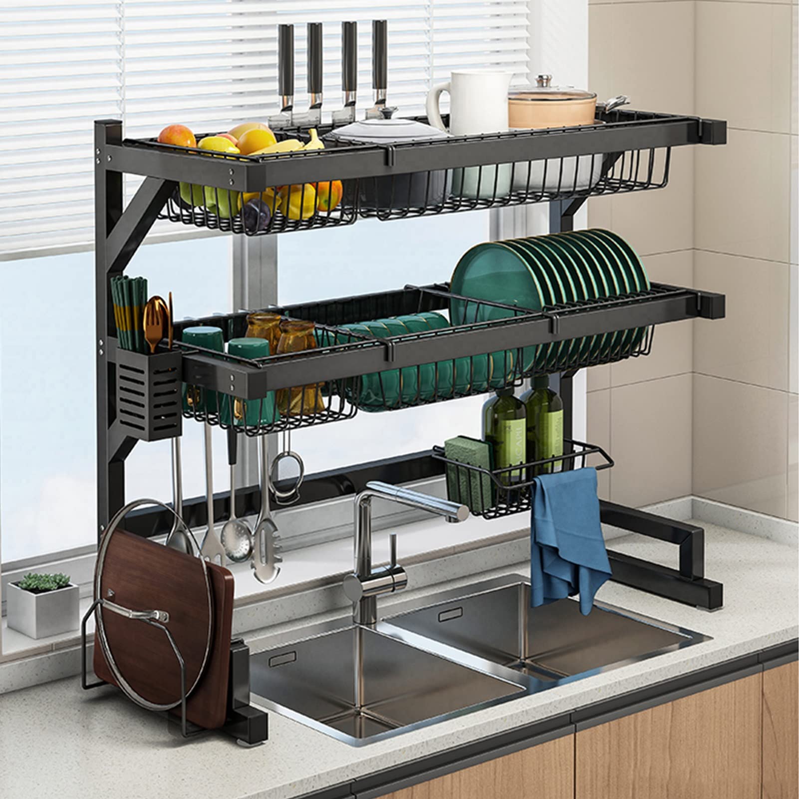 SaryEdge Dish Drainers 2 Tier Dish Drying Rack Over The Sink,Stainless Steel Dish Rack For Kitchen Space Saver,Over The Sink Shelf Organizer Storage Rack Black,65cm,65cm