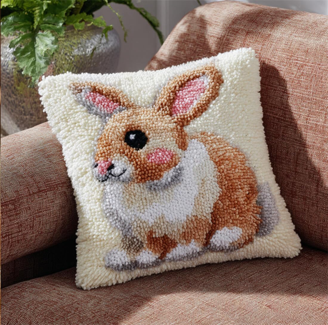 Kitquiver Animal Latch Hook Cushion Kits Cartoon Rabbit Latch Hook Kit Pillow DIY Rug Crochet Hook Cushion Making Kits with Preprinted Pattern Canvas 17x17In