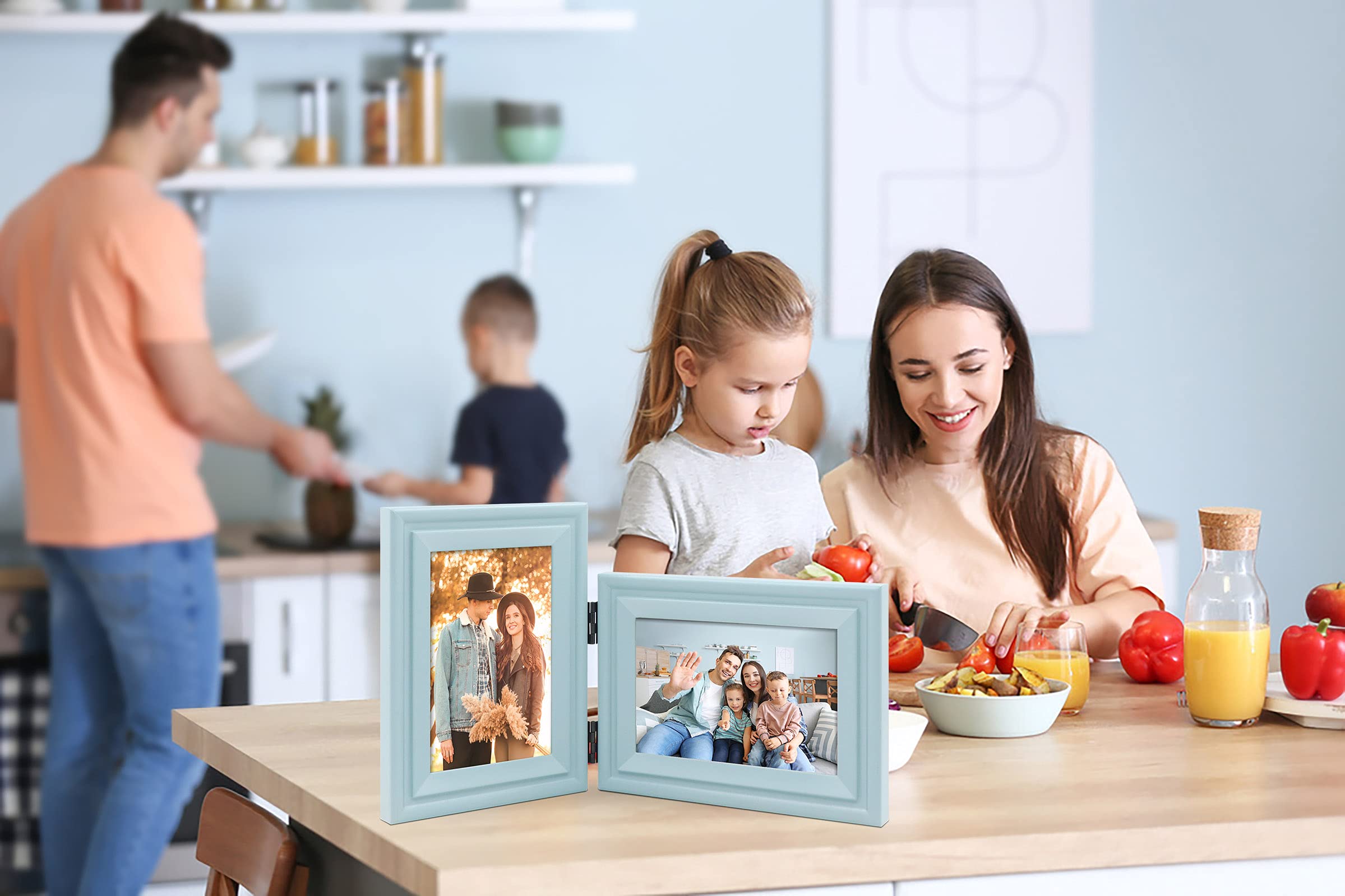 Vertical Horizontal Combo, Double 4x6 SoftBlue Wood Hinged Photo