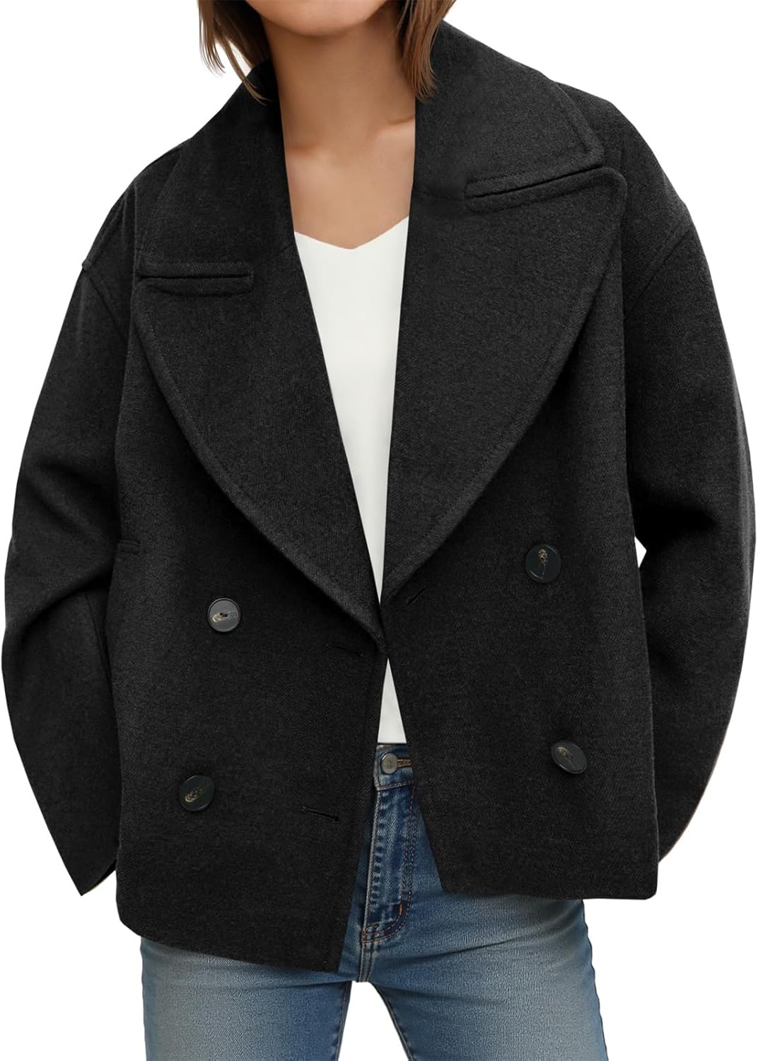 Tankaneo Womens Cropped Wool Blend Pea Coat Casual Long Sleeve Double Breasted Notched Lapel Overcoat Jackets