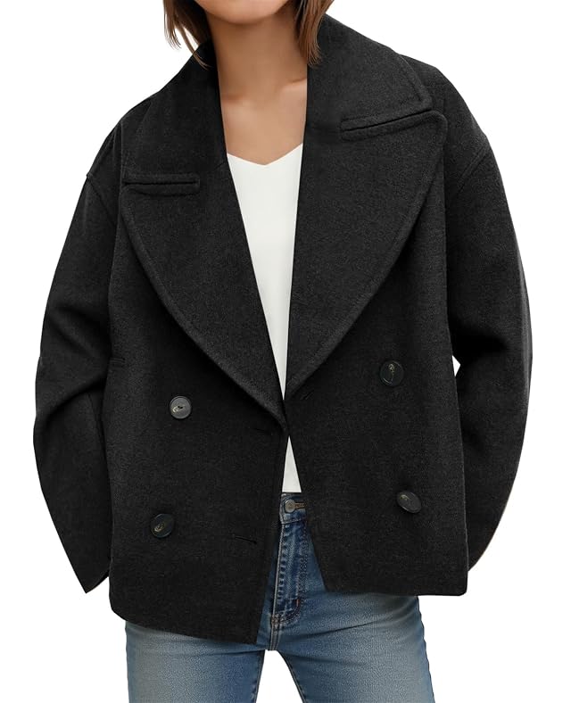 Tankaneo Womens Cropped Wool Blend Pea Coat Casual Long Sleeve Double Breasted Notched Lapel Overcoat Jackets