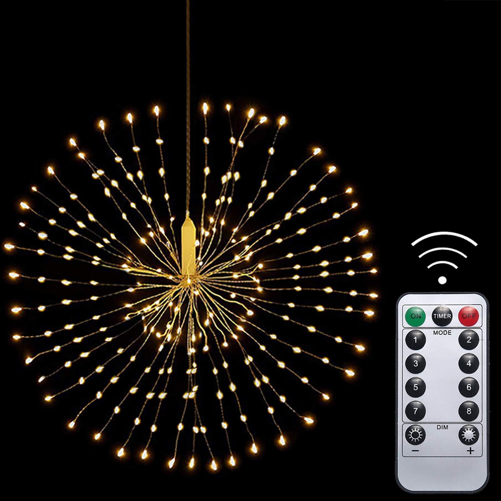 Hanging Fireworks Fairy Lights 200 LED, IP65 Waterproof Copper Wire, Battery Operated, Remote Control Bouquet Lights, Outdoor Starburst Light for Garden Patio Room Wedding Party Christmas (Warm White)
