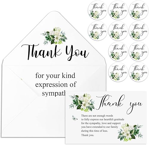 Marspark Paquete de 100 tarjetas de agradecimiento de condolencias para funeral con sobres y calcomanías, tarjeta conmemorativa, lirios blancos,