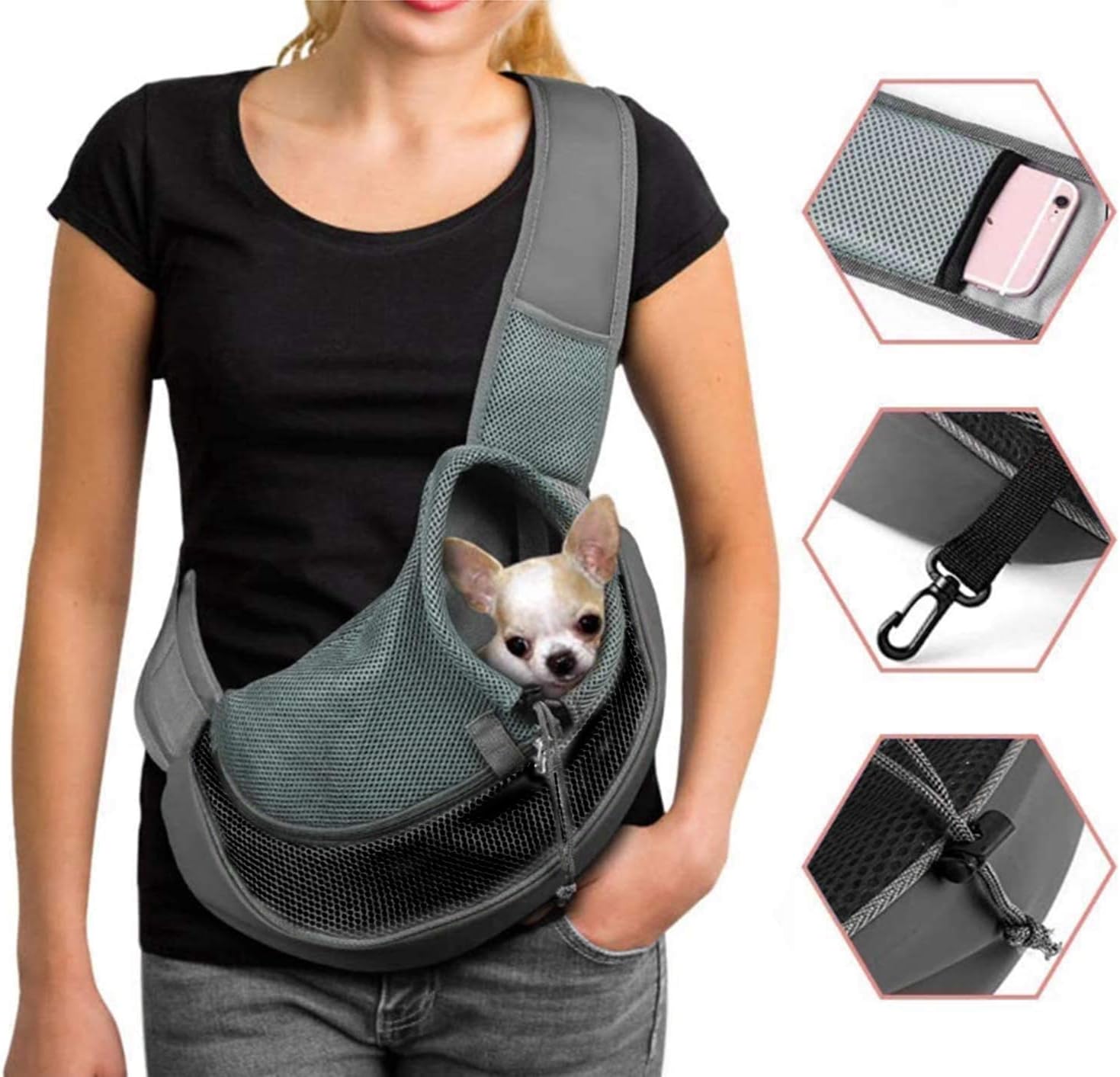 Dog Carrier Sling Breathable Mesh Hand Free Shoulder Tote Bag for Puppy Small Animals 4-8lb Adjustable Padded Shoulder Strap with Front Pocket Dog Carry Outdoor Walking Travel (4-8lb) (Grey)