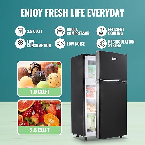 Miniatura 3 de WANAI Mini refrigerador de doble puerta de 3.5 pies cúbicos con congelador, refrigerador compacto con termostato ajustable de 7 niveles (-0.4-50),