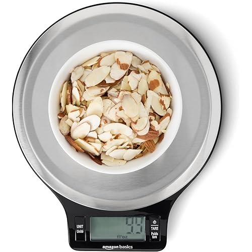 Amazon Basics Digital Kitchen Scale with LCD Display, Tare Function, Multiple Units, Weighs up to 11 Pounds, Batteries Included, Black and Stainless Steel