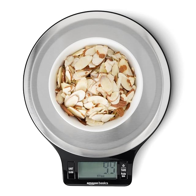 Amazon Basics Digital Kitchen Scale with LCD Display Batteries Included Weighs up to 11 pounds Black and Stainless