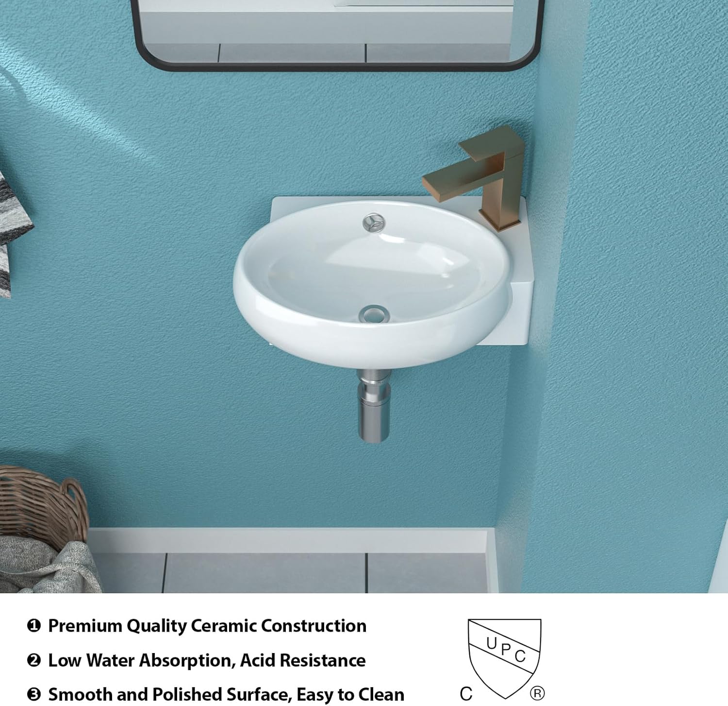 Wall Mount Vessel Sink Right Hand - 16 x 11 Inch Oval Bowl Rectangular Wall Hung Bathroom Sink Basin White Ceramic Porcelain Modern Floating Vessel Sink