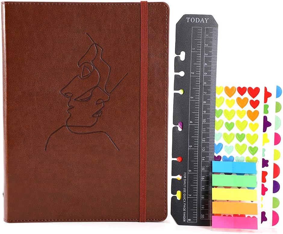 Leather Journal Notebook A5 Lined, Elastic Refillable Ruled Personal Organiser with Zip Pocket Vintage Hardback Travel Planner Dairy 6 Ring Binder Idea for Women Men Office Work School Business Brown