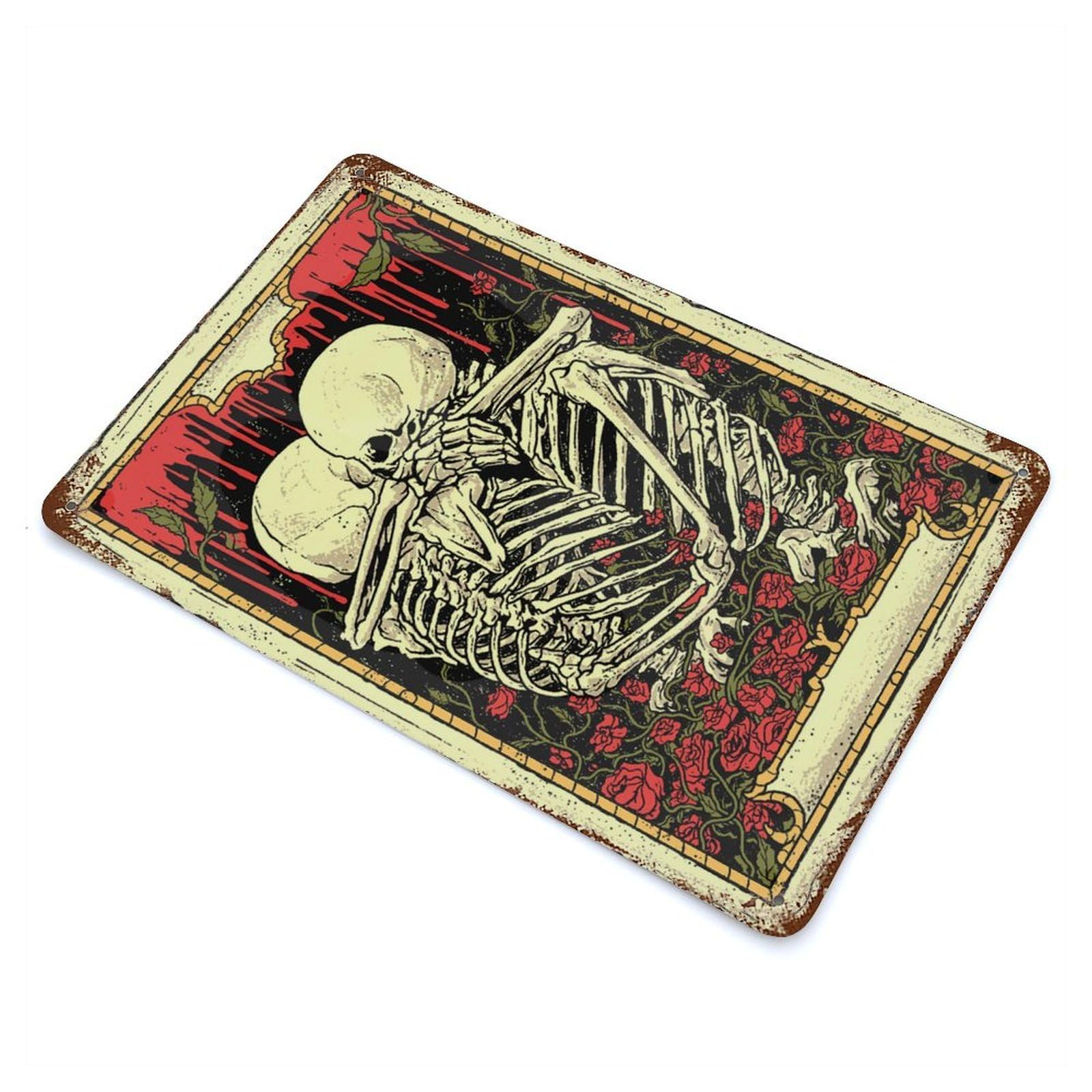 Weathered Tin Sign with Skeleton Hug Tarot Design 11.8"x7.9", for Basement, Hobby Room And Garage Decor, Industrial Home Decor
