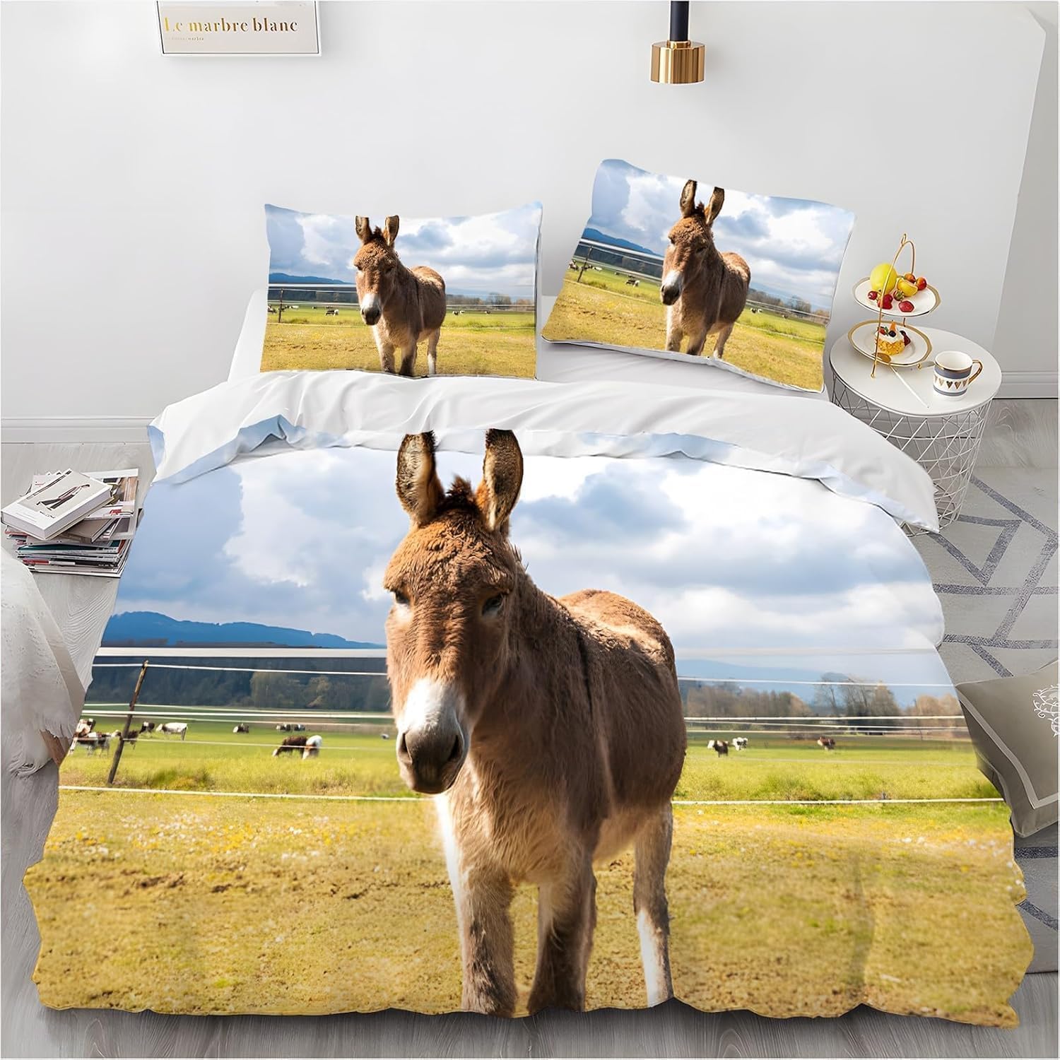 Funda Nordica Cama 105 Juvenil Burro Funda Edredon 200x200 Pasto Campestre 3D Fundas de Edredón Microfibra Suave Ropa de Cama de 3 Piezas con Cremallera y 2 Fundas de Almohada K-1370