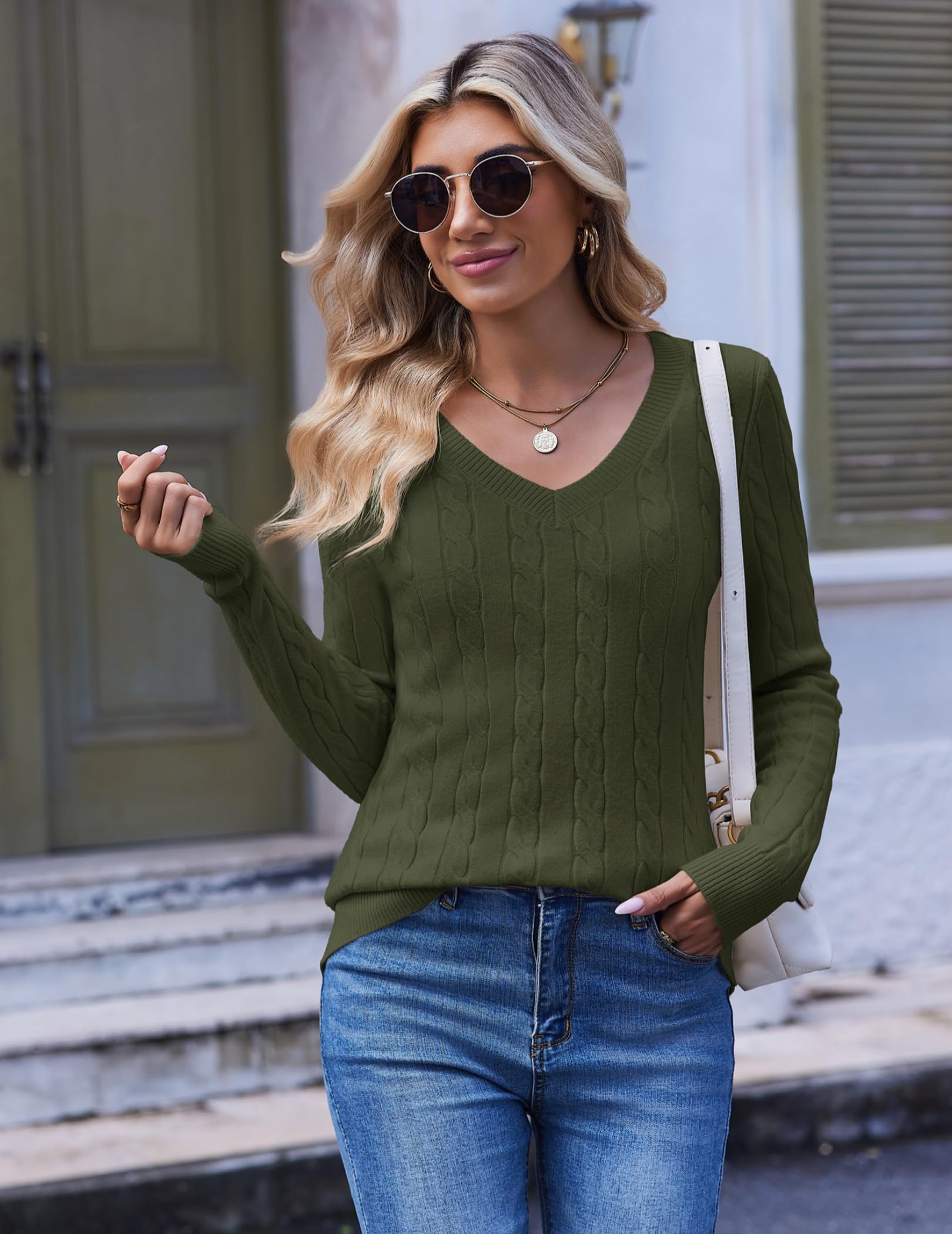 HOTOUCH Maglioni da donna UK scollo a V a maniche lunghe maglione a trecce