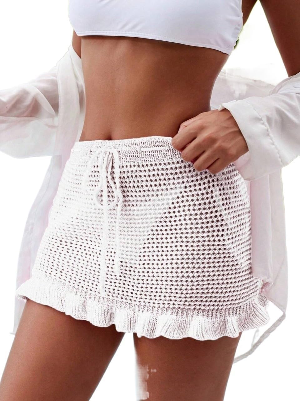 Women's Solid Color Hollow-Out Drawstring Cover Up Skirt Summer cover ups for swimwear