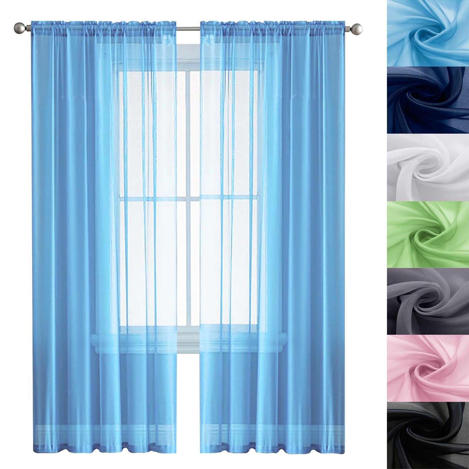 GAIFNAG Woven Voile Metallic Ring Top Curtain 130 x 230 cm Pencil Pleat Black Out/Light Weight Linen Look Solid Pencil Pleat Blackout Curtains for Apartment/Hotel Dorm, Sky Blue