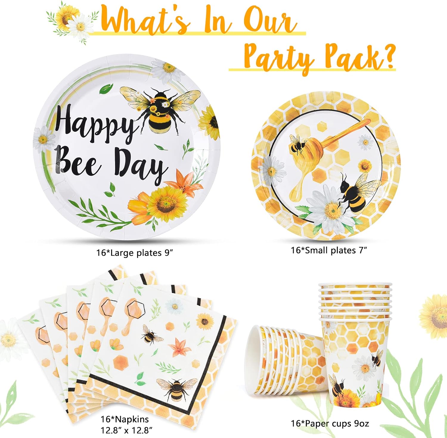WERNNSAI Bee Birthday Decorations - 64 PCS Bee Plates Napkins and Cups Honeybee Baby Shower Decorations Paper Plates Cups Napkins Dinnerware for Kids Boys Girls Birthday Serves 16 Guests
