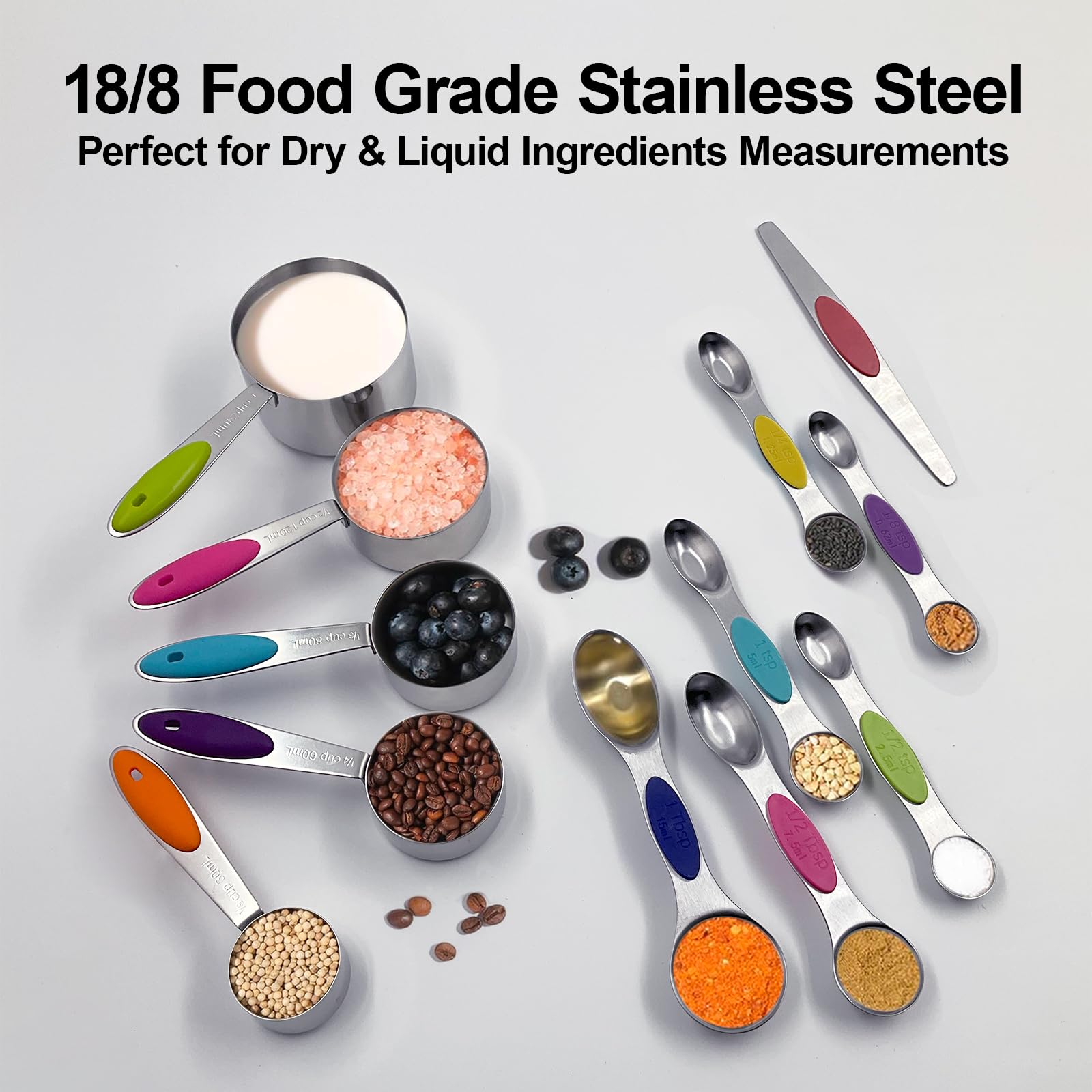Juego de 12 tazas medidoras y cucharas, incluye 5 tazas medidoras de acero inoxidable, 6 cucharas medidoras de doble extremo y 1 nivelador Plus Mide con precisión ingredientes secos o 7