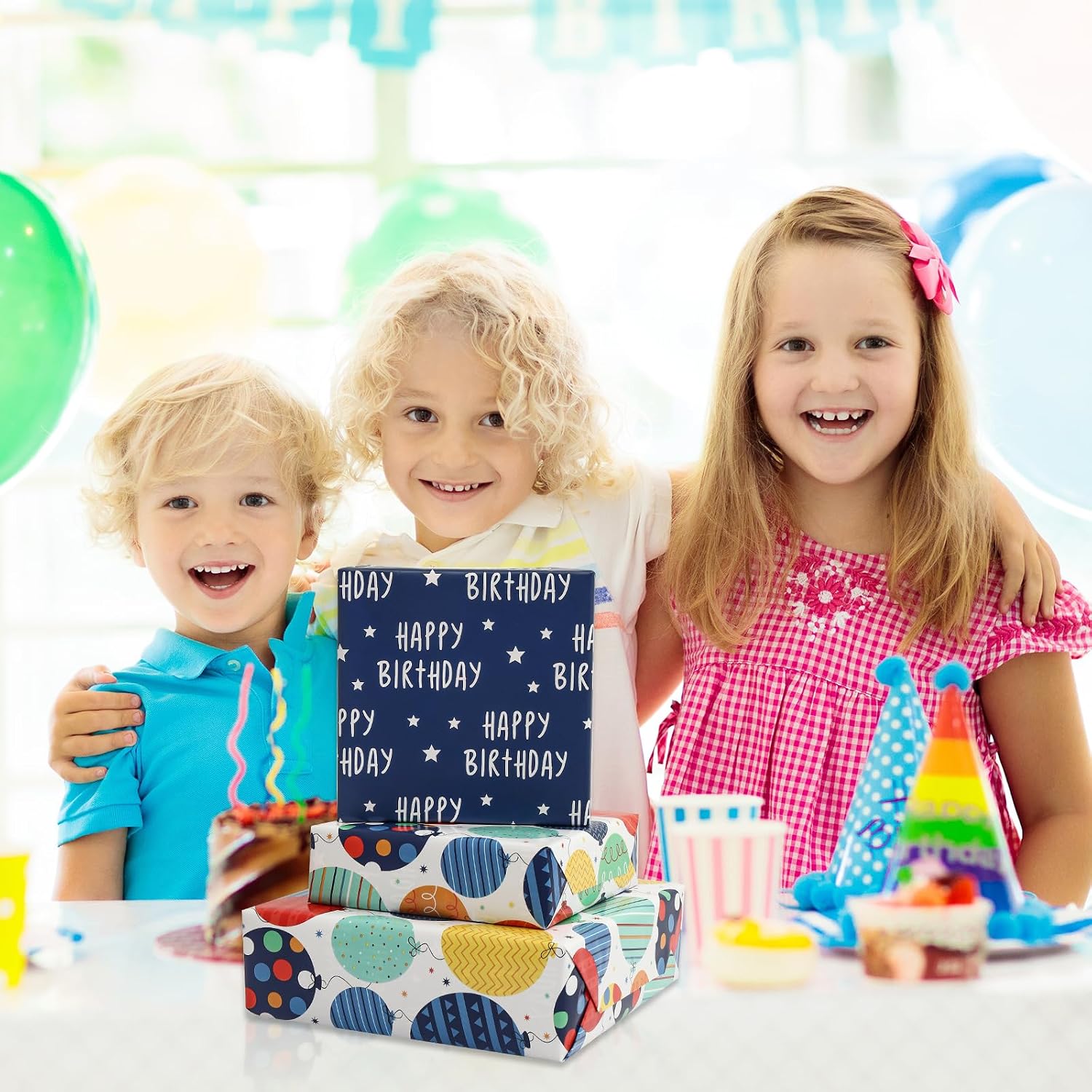 BULKYTREE Reversible Birthday Wrapping Paper Roll for Boys Girls Kids Men Women - Colorful Balloon Happy Birthday and Stars - Gift Wrap Paper for Party Holiday
