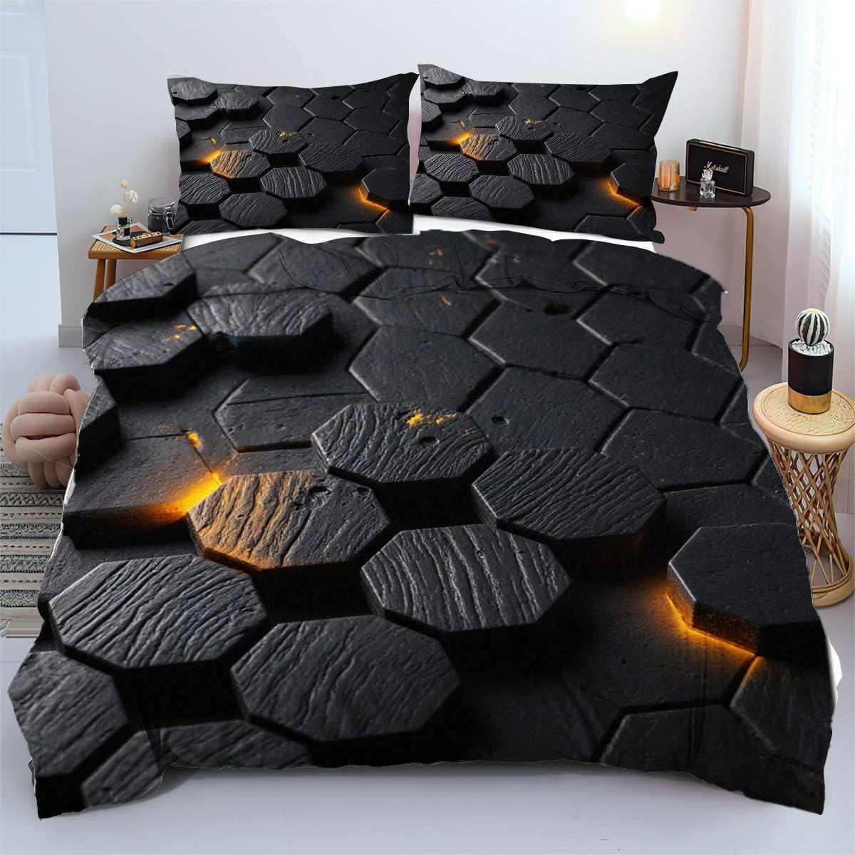Parures de lit 240x260 cm Hexagone Noir avec housse de couette en microfibre légère pour adulte