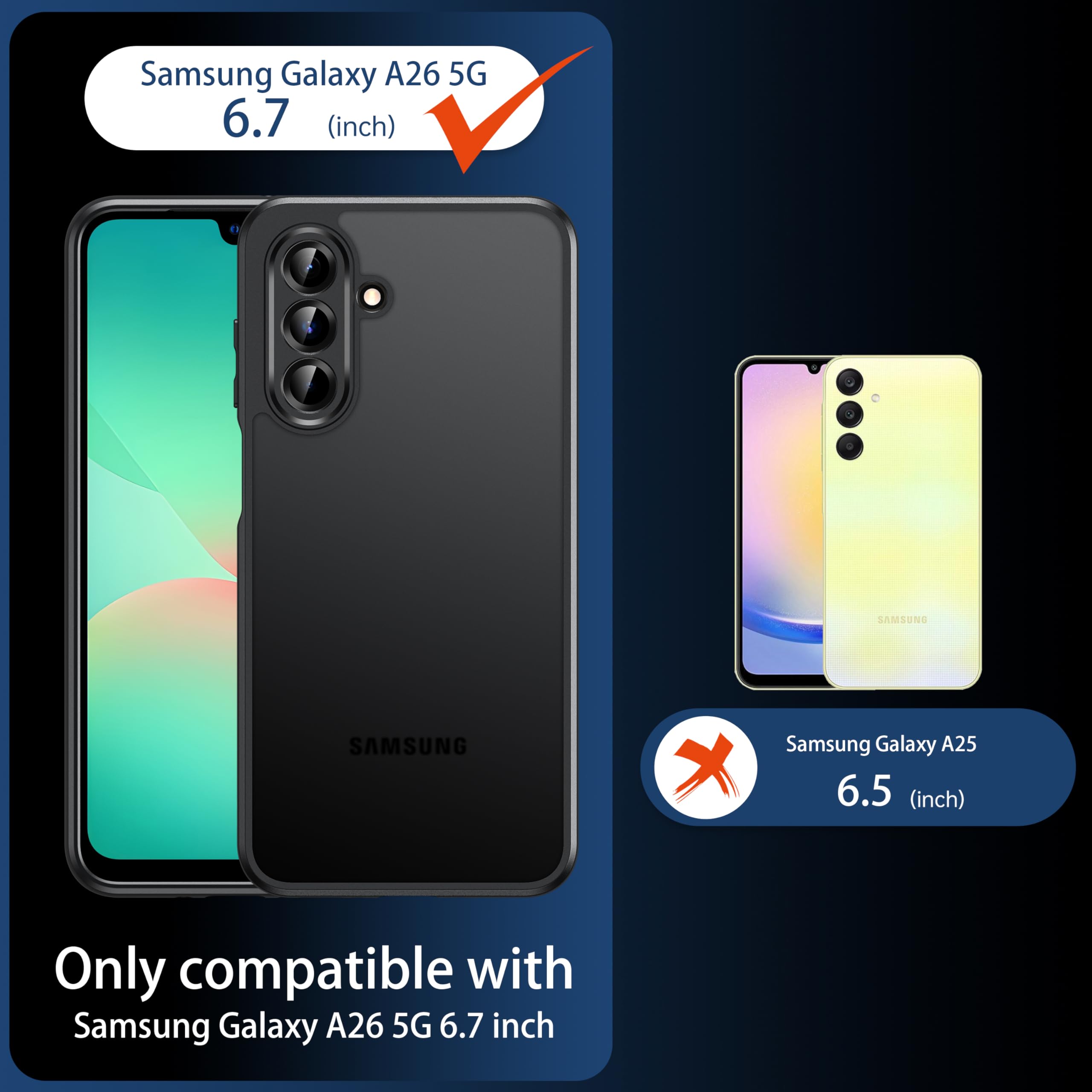 FLLAO Opaca Cover Compatibile con Samsung Galaxy A26 5G con 2 Vetro Temperato, [Della Fotocamera Protezione] Anticaduta Antiurto Anti-Graffio Anti-Impronte Hard PC Glassata Custodia Nero