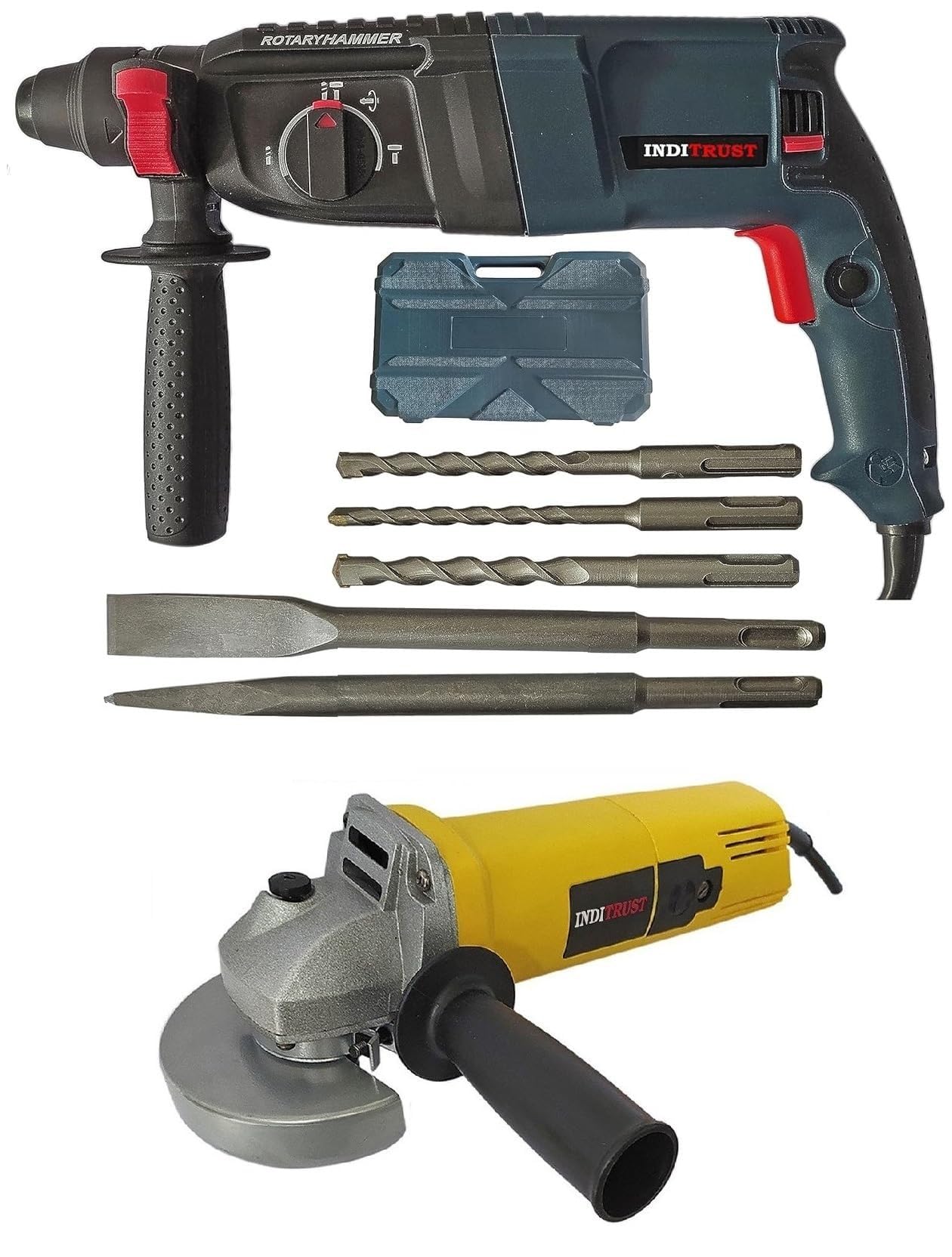 Inditrust 6 months warranty 1250W 26mm Reversible Rotary Hammer Drilling Machine 3 Modes & SDS 5-Drill Bits With Case + 950W 4-Inch Angle Grinder 100% Copper Winding (Blue Hammer + Grinder)