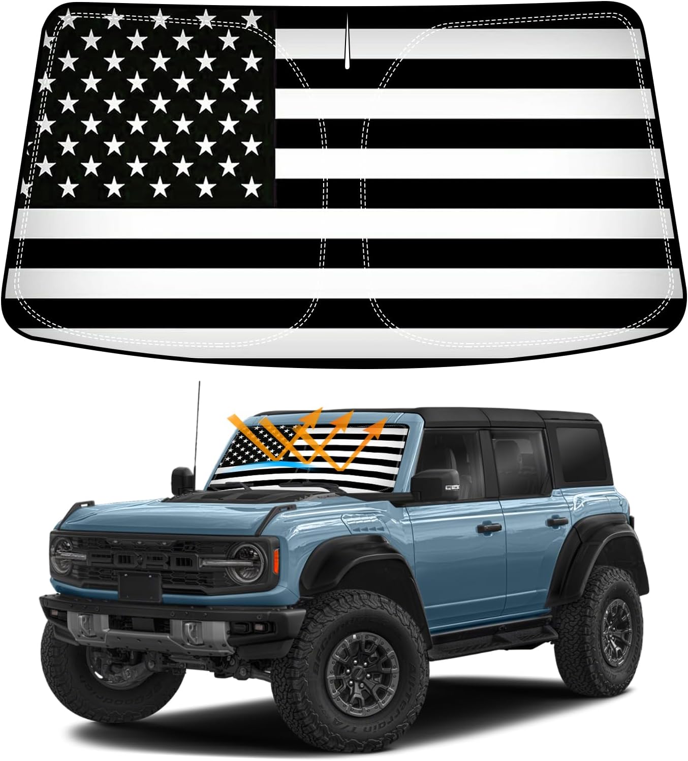 D-Lumina Winshield Sun Shade with USA Flag for 2021 2022 2023 2024 2025 Fo-rd Bronco, Foldable Front Sun Shield Protector Blocks UV Rays, Window Sunshade Sun Visor Interior Accessories