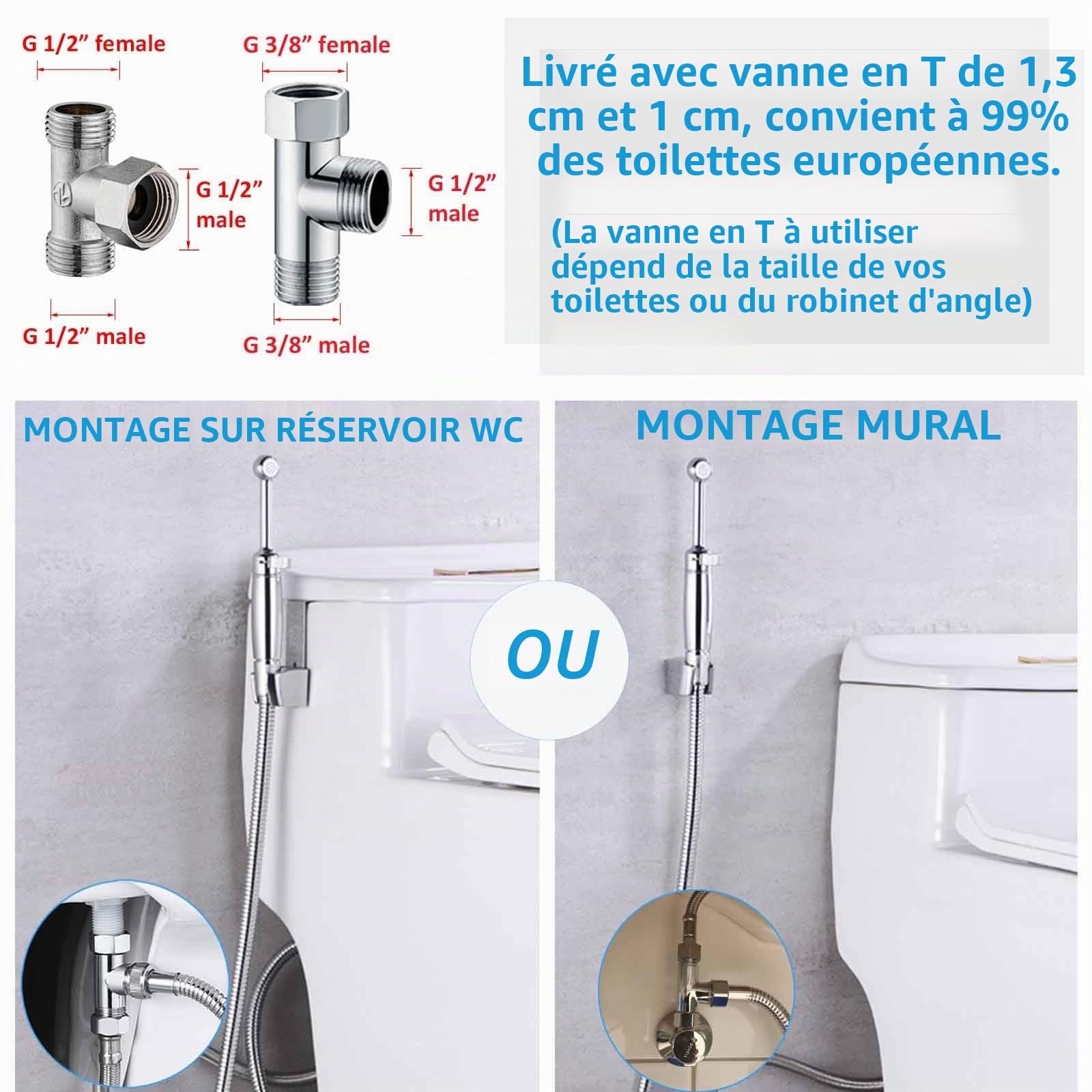 Tout métal Kit de douchette de bidet SonTiy - Pour toilettes, salle de bain, Avec pression et support réglables -chromé - Robinetterie pour WC, hygiène personnelle et nettoyage des couches