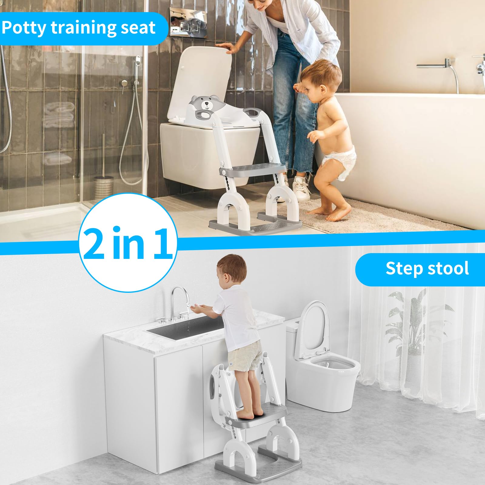 Sedile WC per bambini con scale, accessorio per WC aggiornato, per bambini e bambine, 2 in 1, con scale, regolabile in altezza, comodi sedili per WC sicuri, poggiapiedi per bambini