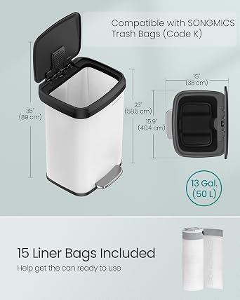 SONGMICS Kitchen Trash Can, 13 Gallon (50 L) Stainless Steel Garbage Can, with Stay-Open Lid and Step-on Pedal, Soft Closure, Tall, Large and Space-Saving, White and Black ULTB530W50