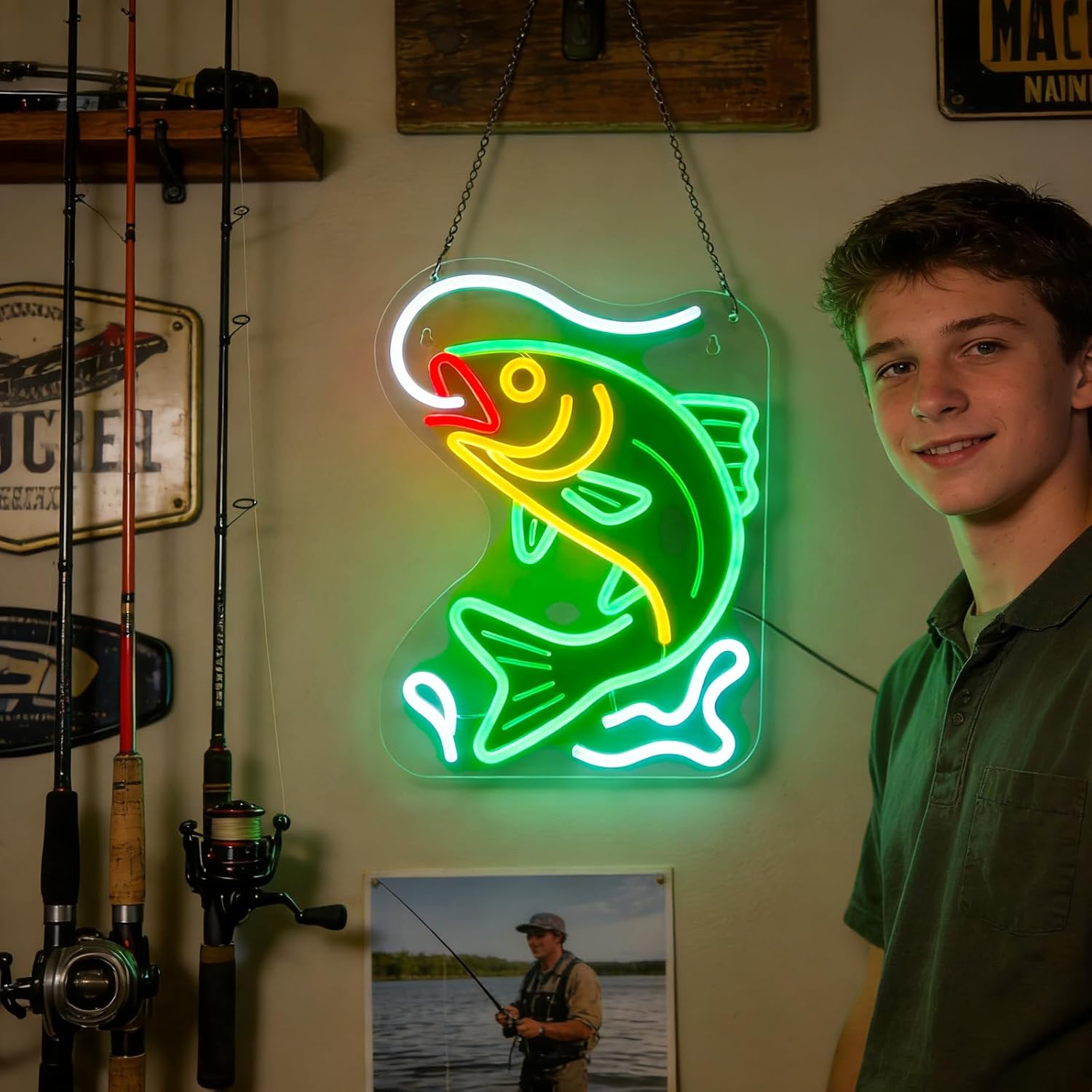 Fishing Neon Sign - Green Dimmable LED Light for Teen Boy Man Cave Decor, Fishing Decor for Boys Bedroom, Basement, Game Room Wall Art - Gifts for Boys Teenager Son Grandson (15.1x11.5")